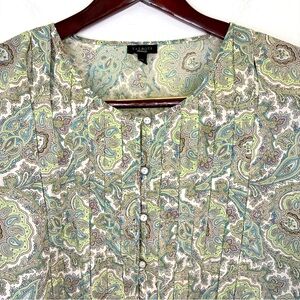 TALBOTS Blouse XL Paisley Popover Pleated Button Cotton Peasant Long Sleeve